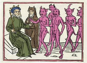Belials Prozess: „Der Belial-Dämon begleitet von vier anderen Dämonen wird Richter Salomo vorgestellt“ Gravur aus „Der Belial-Prozess“ von Jacobus de Teramo (oder Palladino), Augsburg