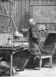 Benjamin Franklin, amerikanischer Politiker und Physiker (1706-1790) in seinem Physiklabor in Philadelphia - Gravur