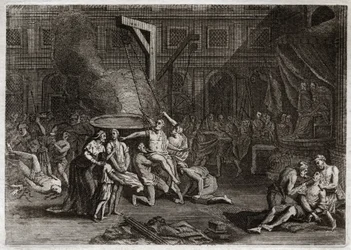 Bibel von Royaumont, Altes Testament: Martyrium der Makkabäer. Die sieben Makkabäerbrüder werden gemartert, anstatt ihren Glauben zu verraten. Illustration von 1811.