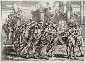 Bibel von Royaumont, Altes Testament: Die Einnahme von Jericho. Die Mauern von Jericho fallen zu Boden durch den Klang der Trompeten der Priester, die der Bundeslade des Herrn vorausgingen. Illustration von 1811.