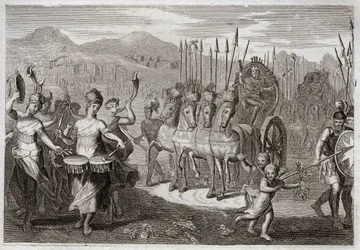 Bibel von Royaumont, Altes Testament: Triumph von David. Nachdem David den Riesen Goliath besiegt hat, kommen die Frauen Israels ihm entgegen, um seinen Triumph mit Jubelrufen und dem Klang von Instrumenten zu ehren. Illustration von 1811.
