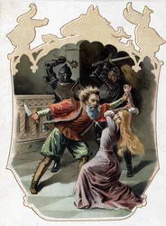 Blaubart. Märchen von Charles Perrault. 1697. Chromolithografie aus dem späten 19. Jahrhundert. Aufkleber "Beim Billigen". Blaubart versucht, seine Frau zu ermorden, die in das Kabinett eindringen wollte, in dem sich die von ihm ermordeten Ehefrauen