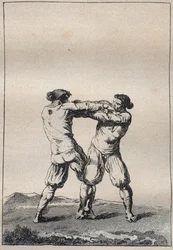Bretonische Ringer Gravur in „Voyage dans le Finistere ou État de ce département en 1794 et 1795“ von Jacques Cambry (1749-1807)