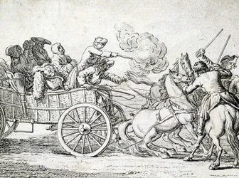 Räuber greifen Passagiere auf einem Wagen an. Gravur eines anonymen Künstlers des 18. Jahrhunderts