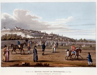 Britische Truppen in Montmartre - in „Historische, militärische und marine Anekdoten und Vorfälle, die bei den Armeen von Britannien und ihren Verbündeten bis Waterloo auftraten“, von Ed. Orme, ill. von Fry, Sutherland Clark, Dubourg, Heath, Atkinson, ed. 
