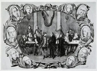 Café Procope in Paris im 18. Jahrhundert mit Buffon, Gilbert, Diderot, D