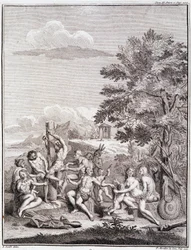 Gefangene, die von den Antis in Peru geopfert wurden - in „Historische Reise durch Südamerika im Auftrag des Königs von Spanien“ von Don Georges Juan & Don Antoine de Ulloa, T.II, ed. Jombert, Librairie du Roi, Paris