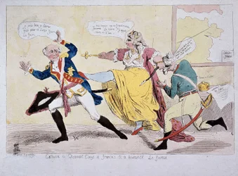 Katharina II. verabschiedet François und Brunswick den Foireux, Karikatur, Ende des 18. Jahrhunderts