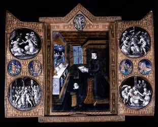 Catherine de Medici im Gebet - Triptychon Email und Leder