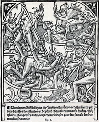 Kessel voller kochendem Öl und Blei, in die Teufel die Gierigen tauchen, um sie mit ihrer schlechten Gier betrunken zu machen. Beschreibung von Lazarus der Hölle. Faksimile des „Calendrier des Bergers“ prophetischer Almanach, gedruckt von Claude Nourry im 