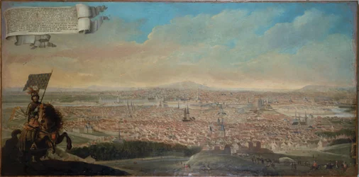 Vogelperspektive von Paris, mit dem Reiterporträt von Chevalier des Essarts, circa 1645