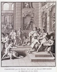 Zeremonien, die die Inkas bei der Ritterschaft der Prinzen ihres Blutes beobachten - in „Historische Reise durch Südamerika im Auftrag des Königs von Spanien“ von Don Georges Juan & Don Antoine de Ulloa, T.II, ed. Jombert, Librairie du Roi, Paris