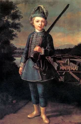 Charles-Joseph de Ligne im Alter von etwa 10 Jahren in einer Fantasieuniform vor dem Schloss Beloeil