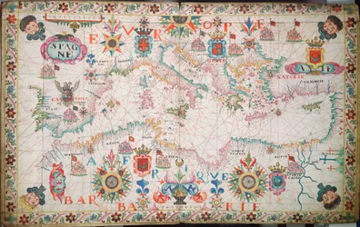 Seekarte des Mittelmeers, des Schwarzen Meers und des Kaspischen Meers, um 1600