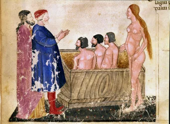 Kreis der Schmeichler: Dante und Virgil treffen Alessio Interminelli und die Prostituierte Thais. Illustrierte Seite aus dem 18. Gesang der Hölle aus der „Göttlichen Komödie“ von Dante Alighieri (1265-1321). 14. Jahrhundert, Venedig