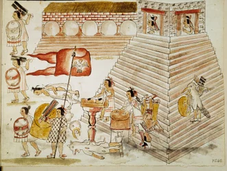 Eroberung Mexikos: Zerstörung von Tenochtitlán, der Hauptstadt des Aztekenreichs, durch die Armeen des Konquistadors Hernán Cortés (Hernando Cortez) (1485-1547) am 24/06/1520. Miniatur aus einem Manuskript