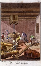 Handwerk: die Kanonengießer in ihrer Werkstatt. In „Umfassende Beschreibung der Künste und Handwerke und Werkstätten für junge Leute“ von Johan Peter Vue. Ed. Nürnberg, Weigel und Schneider