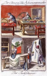 Handwerk: Hersteller von chirurgischen Instrumenten (oben) und Scheidenbesatz (unten) in ihrer Werkstatt. In „Umfassende Beschreibung der Künste und Handwerke und Werkstätten für junge Leute“ von Johan Peter Vue. Ed. Nürnberg, Weigel und Schneider
