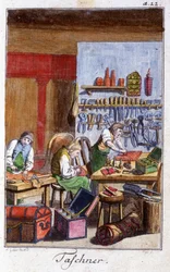 Handwerk: der Taschenmacher und der Jagdtaschenmacher in ihrer Werkstatt. In „Umfassende Beschreibung der Künste und Handwerke und Werkstätten für junge Leute“ von Johan Peter Vue. Ed. Nürnberg, Weigel und Schneider