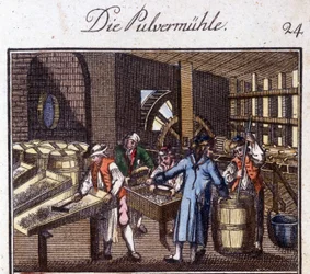 Handwerk: Pulvermacher in seiner Werkstatt. In „Umfassende Beschreibung der Künste und Handwerke und Werkstätten für junge Leute“ von Johan Peter Vue. Hrsg. Nürnberg, Weigel und Schneider