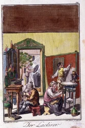 Handwerk: der Lackierer in seiner Werkstatt. In „Umfassende Beschreibung der Künste und Handwerke und Werkstätten für junge Leute“ von Johan Peter Vue. Hrsg. Nürnberg, Weigel und Schneider