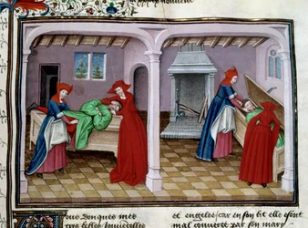 Tod: Ein Patient hat Qualen. Nach seinem Tod wird sein Körper in einen Sarg gelegt. Miniatur aus „Le Decameron“ von Giovanni Boccaccio (1313-1375)