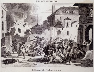 Verteidigung von Valenciennes (durch die Republikaner gegen die Briten und Österreicher 1794). Gravur des 19. Jahrhunderts