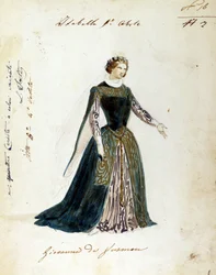 Zeichnung des Kostüms für die Figur der Isabella in der Oper „I vespri siciliani“ (Die sizilianische Vesper) von Giuseppe Verdi. Der Operntitel für die erste Aufführung war „Giovanna da Guzman“. Anonymes Kostüm für das Scala-Theater