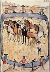 Dressur von Wildpferden, aus dem Buch "Trujillo del Peru" oder "Códice Martínez Compañón", von Baltazar Martinez Compañón y Bujanda, Bischof von Trujillo (1782-1785)