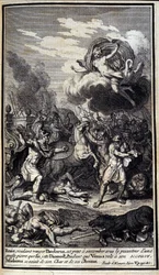Eneas, der Pandaros rächen will, ist bereit, unter dem Gewicht eines großen Steins zu erliegen, den Diomedes wirft. Venus fliegt zu seiner Rettung (Illustration aus Buch V der Ilias von Homer)