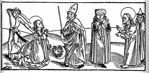 Episode aus dem Leben des Heiligen Jakobus des Älteren: Der Heilige wird unter den Augen von Herodes Agrippa, König von Judäa, enthauptet. Gravur aus „Leben der Heiligen - Sommerteil“ (Das Buch der Heiligen) von Jacobus (Jakob) von Voragine (1228-1298). Lü