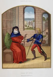 Esau mit seinen Jagdwaffen und seinem Vater Isaak. Chromolithographie des 19. Jahrhunderts.
