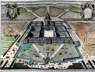 Außenansicht des Hôtel des Invalides in Paris im 18. Jahrhundert. Gravur des 18. Jahrhunderts. Private Sammlung.