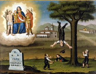 Sturz eines Baumes. Oben links die Madonna zwischen San Sebastian und San Roch. Ex voto von 1870