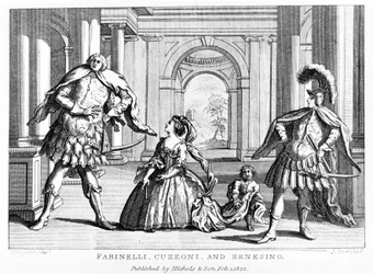 Farinelli (Carlo Broschi, genannt; 1705 - 1782) mit der Sopranistin Cuzzoni und dem Kastraten Francesco Bernardo Senesino (1680 - 1750) in der Oper von Georg Friedrich Händel