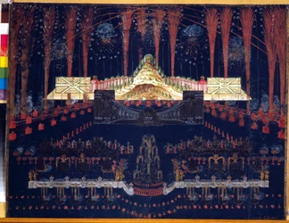 Feuerwerk und Illuminationen am 25. April 1742 in Moskau (Russland). Mitte des 18. Jahrhunderts. Rokokokunst. Staatliches Historisches Museum, Moskau.
