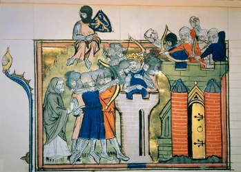 Erster Kreuzzug: Godefroi (oder Godefroy) von Bouillon (1058-1100) in einem runden Turm griff Jerusalem 1099 an. Miniatur aus „Roman De Godefroy De Bouillon et de Saladin“