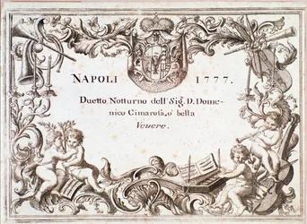 Erste Seite der Partitur von O bella venere, in Armida immaginaria von Domenico Cimarosa, ca. 1777