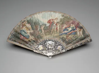 Faltfächer mit "Adonis von Cupids zu Venus geführt," nach Francesco Albani, Montierung ca. 1720er-1730er, Wachen und Stäbe ca. 1740er-1750er