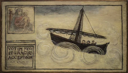 Ehemaliges Votivbild (ex voto) eines Seemanns, populäres Angebot als Zeichen der Hingabe und Dankbarkeit des Seemanns, der die Gefahren des Meeres überlebt hat, aus der Kirche von Carmine, Torre del Greco, in der Nähe von Neapel, 1608 Italien