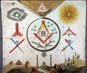Freimaurerei: Freimaurerische Embleme auf der Schürze eines Freimaurers des französischen Ritus aus dem 18. oder 19. Jahrhundert. Staatsarchiv Mailand