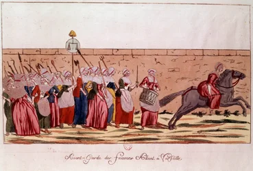 Französische Revolution von 1789: Avantgarde der Frauen auf dem Weg nach Versailles am 5. Oktober 1789 (Gravur)