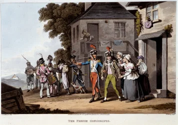 Französische Wehrpflichtige, ca. 1814 - in Historische, militärische und marine Anekdoten und Vorfälle, die den Waffen Großbritanniens und ihrer Verbündeten widerfuhren, endend in Waterloo von Edward Orne