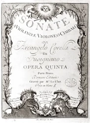 Frontispiz von 12 Sonaten für Violine, Bass und Cembalo von Arcangelo Corelli. Französische Version.