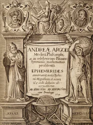 Frontispiz von „Ephemerides“ mit Herkules und Atlas von Andreae Argoli
