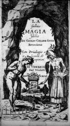 Frontispiz eines Buches, das Hexen bei magischen Riten darstellt