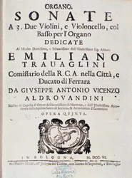 Frontispiz der Partitur von „Sonata a 2 violini, violoncello e organo, op. 5“ von Giuseppe Aldrovandini
