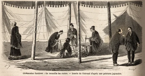 Beerdigungszeremonien: nach der Einäscherung, Sammlung der Überreste. Gravur zur Illustration der Reise nach Japan 1863-1864, von Aimé Humbert, Minister der Schweizerischen Eidgenossenschaft, in „Le tour du monde, nouveau journal des voyages“