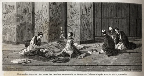 Beerdigungszeremonien: der Mönch der letzten Sakramente. Gravur zur Illustration der Reise nach Japan in den Jahren 1863-1864 von Aime Humbert, Minister der Schweizerischen Eidgenossenschaft, in „Le tour du monde, nouveau journal des voyages“, veröffentlic