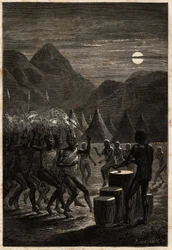 Beerdigungszeremonie bei den Lakutas (Stamm im Oberen Nilgebiet), Trommeln und rituelle Tänze im Mondlicht. Illustration der Reise zum Albertsee, 1861-1864, von Sir Samuel White Baker, in "Le tour du monde, nouveau journal des voyages"